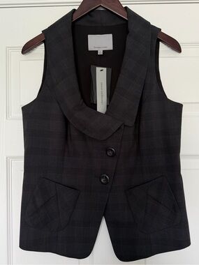 Classiques Entier Black Plaid Shawl-Collar Sleeveless Vest Size 12 NWT